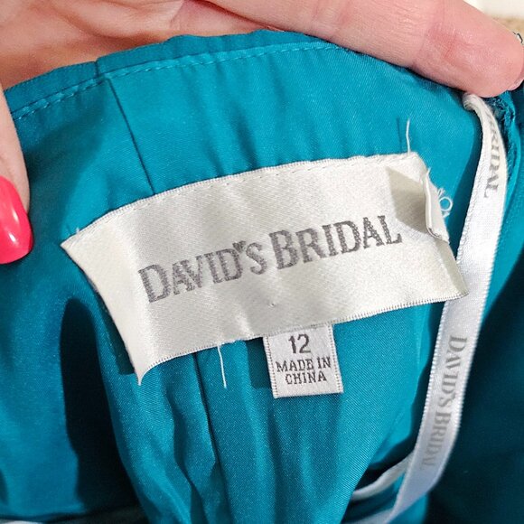 David's Bridal Long Strapless Chiffon Dress with Pleated Bodice - Teal - Picture 5 of 6